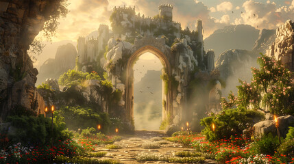An AI generative image of fantasy medievel castle nature entrance and fortress.