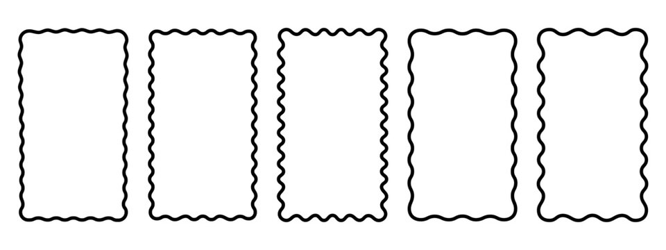 Set of rectangle frames with wavy edges. Rectangular shapes with wiggly borders. Picture or photo frames, empty text boxes, tags, labels isolated on white background. Vector graphic illustration.