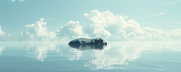 Obraz premium A hippo s dream of heaven a minimalist tranquil pond in the clouds its peace unbroken
