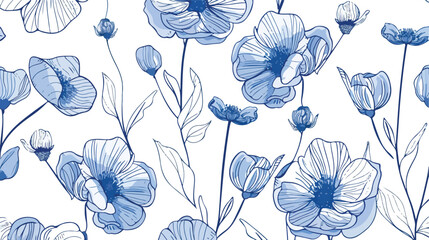 Vector blue line art flowers elegant seamless patter - obrazy, fototapety, plakaty