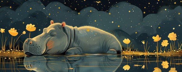 A minimalist depiction of a hippo s dream journey to heaven filled with cute whimsical elements