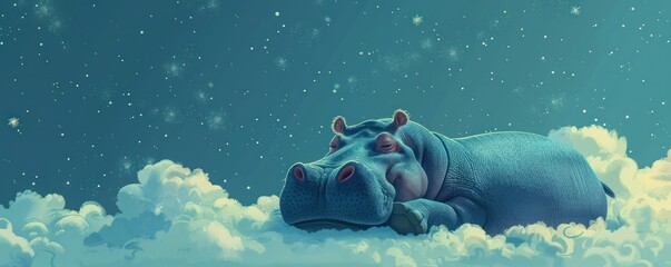 A minimalist depiction of a hippo s dream journey to heaven filled with cute whimsical elements - obrazy, fototapety, plakaty