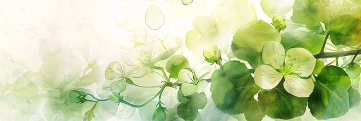 Fototapeta premium A serene border of botanical elements, painted in watercolor, featuring subtle green hues and delicate little flowers