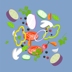 3D Isometric Flat Vector Set of Sliced Vegetables, Chopped Cooking Ingredients