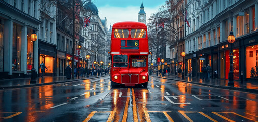 ancien bus anglais à deux étages dans une rue londonienne  - obrazy, fototapety, plakaty