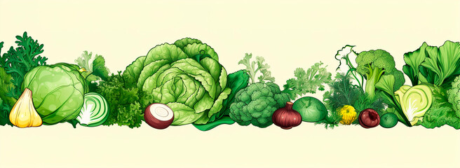 Farm green banner watercolor illustration vegetables cabbage, lettuce salad, broccoli, radish cauliflower vegetarian diet ingredients cooking low weight fitness fresh healthy meal fiber nutricion - obrazy, fototapety, plakaty