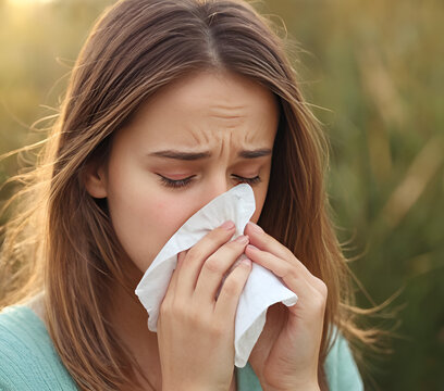 Pretty girl is Sneezing into a tissue because of her allergy or cold