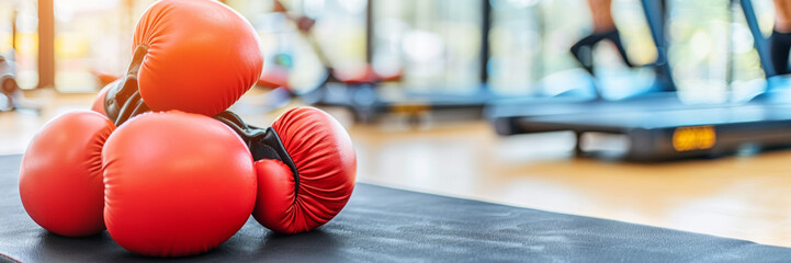 A pair of red boxing gloves on a black mat in a fitness studio with blurred background of a person...
