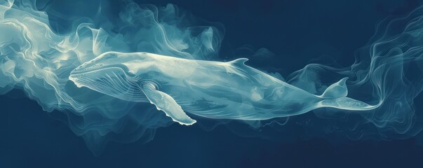 Closeup of a sleeping whale drifting towards heaven surrounded by ethereal clouds rendered in a minimalist elegant style