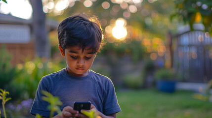 Little Young Boy using Smartphone Outside