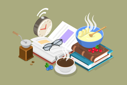 3D Isometric Flat Vector Illustration of Morning Rituals, Healthy Habits and Routines