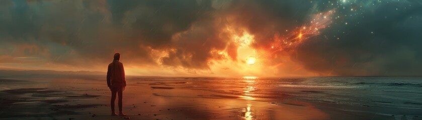 Obraz premium Deity s hand erasing a supernova seen from a serene beach minimalist nouveau