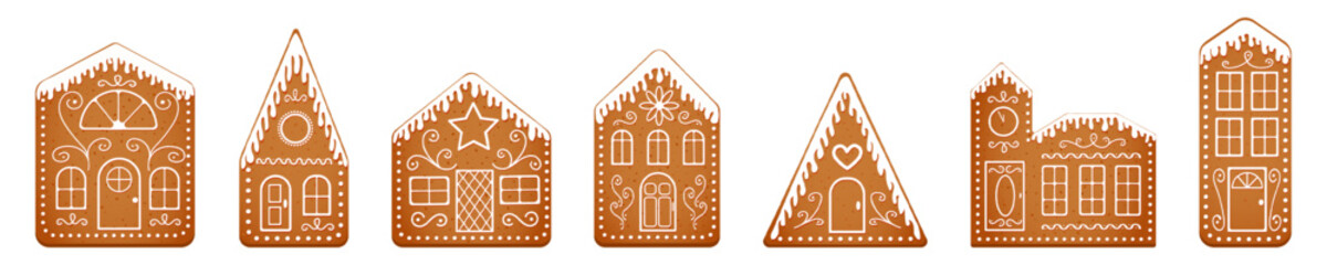 Set of cute cartoon gingerbread houses with icing glazed roofs. Vintage ginger bread town isolated on white background. Christmas fantasy city made of cookies. New Year sweets. Vector illustration.