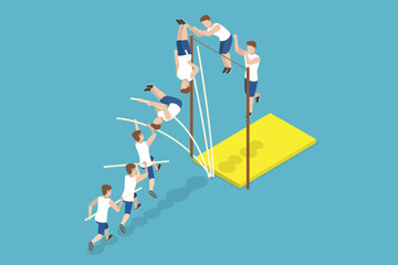 3D Isometric Flat Vector Illustration of Jumping With Pole, Athlete Doing High Jump - obrazy, fototapety, plakaty