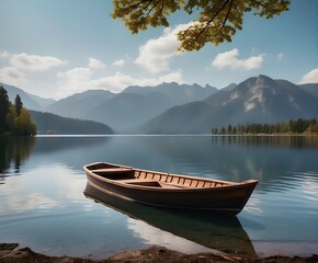 Solitary boat drifting on serene lake amidst majestic peaks.