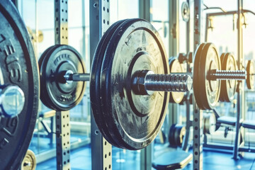 The barbells are ready for lifting in the modern gym. The sunlight streams through the windows, illuminating the weights.