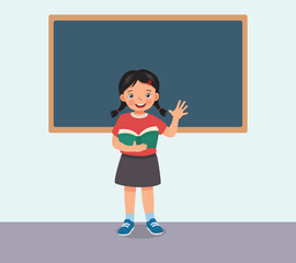 Cute little girl holding book standing in front of class reading speaking