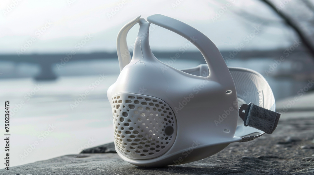 Poster a side view of a compact and lightweight air purifier mask equipped with adjustable ss for a secure 