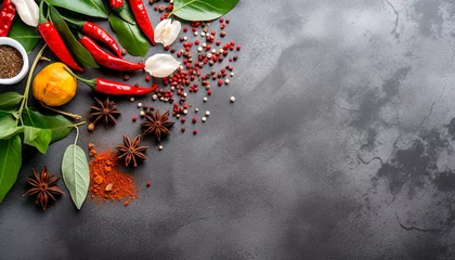 Foto auf Acrylglas red hot chili pepper, spices, basil leaves, lettuce, parsley, dell flat lay on dark background banner copy space vegetables ingredients coocing vegetarian farming fresh healthy meal © lidianureeva
