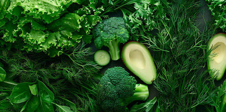 Green vegetables banner on dark black background cabbage, broccoli, cucumber, avocado, parsley, dill, celery, vegetarian diet vitamin healty meal fitnesы