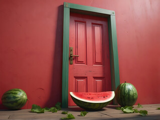 Vibrant illustration of a red door with ripe watermelons inside a teal room, contrasting colors and surreal setting