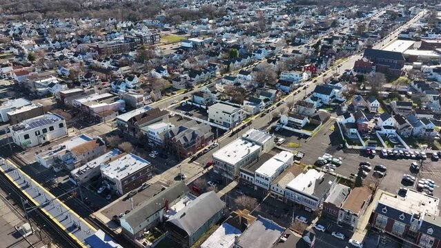 Aerial view of South Amboy, NJ with traffic moving down Broadway