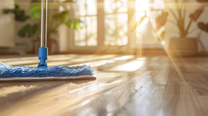 Microfiber wet mop pad cleaning wooden laminate floor in sunlit room. Cleaning products, sustainable cleaning and household chores concepts.