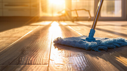 Microfiber wet mop pad cleaning wooden laminate floor in sunlit room. Cleaning products, sustainable cleaning and household chores concepts.