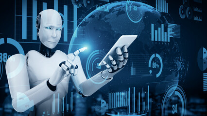 XAI 3d illustration Future financial technology controll by AI robot huminoid uses machine learning and artificial intelligence to analyze business data and give advice on investment and trading