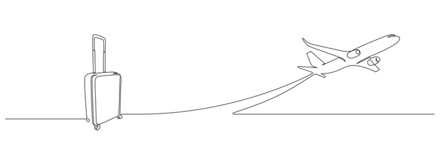 Suitcase and airplane in one continuous line drawing. Vacation with luggage and travel baggage concept in simple linear style. Air trip and journey banner. Doodle outline vector illustration