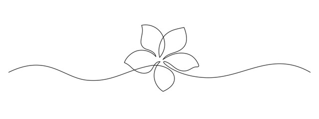 One continuous line drawing of Plumeria flower. Frangipani blossom with petals for floral tattoo in simple linear style. Plant pattern for wedding in Editable stroke. Outline vector illustration - obrazy, fototapety, plakaty