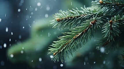 Christmas tree branches with bokeh lights and snowflakes on blurred background