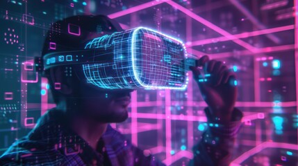 Person with virtual reality headset in a neon-lit data stream environment