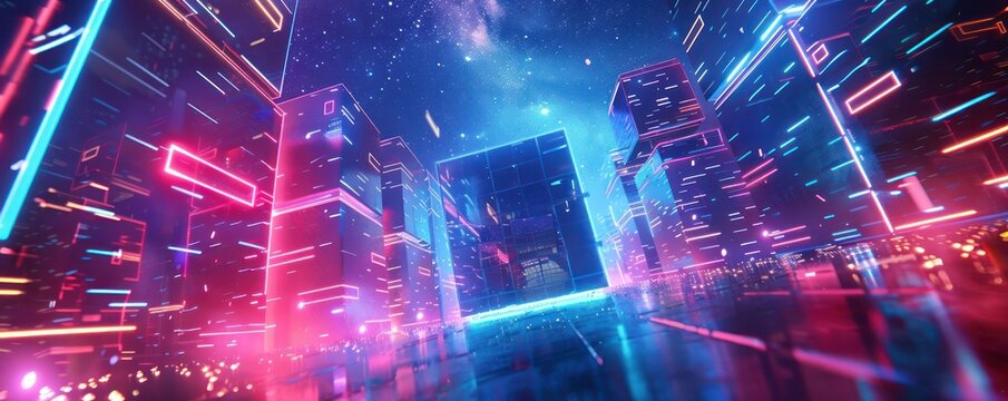Futuristic cityscape with neon buildings and a starry sky
