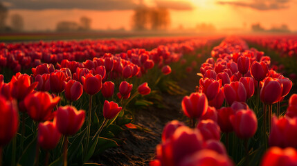 field of tulips at sunset. Generative AI