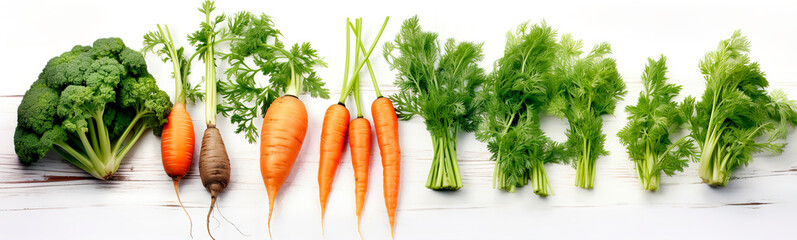 Banner vegetables on white wooden background carrot, dill, parsley, broccoli, radish vegetarian...