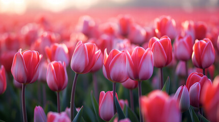 field of pink tulips. Generative AI