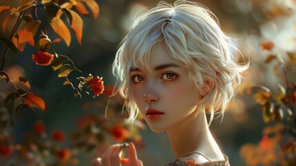 Digital art portrait of a young woman with white hair and golden eyes surrounded by autumn leaves.