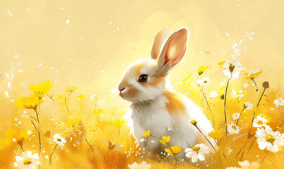 Fototapeta premium Illustration of cute fluffy rabbit sitting on spring field with flowers and grass. Happy Easter. Cartoon character for nursery, baby shower. Background, card, banner with copy space