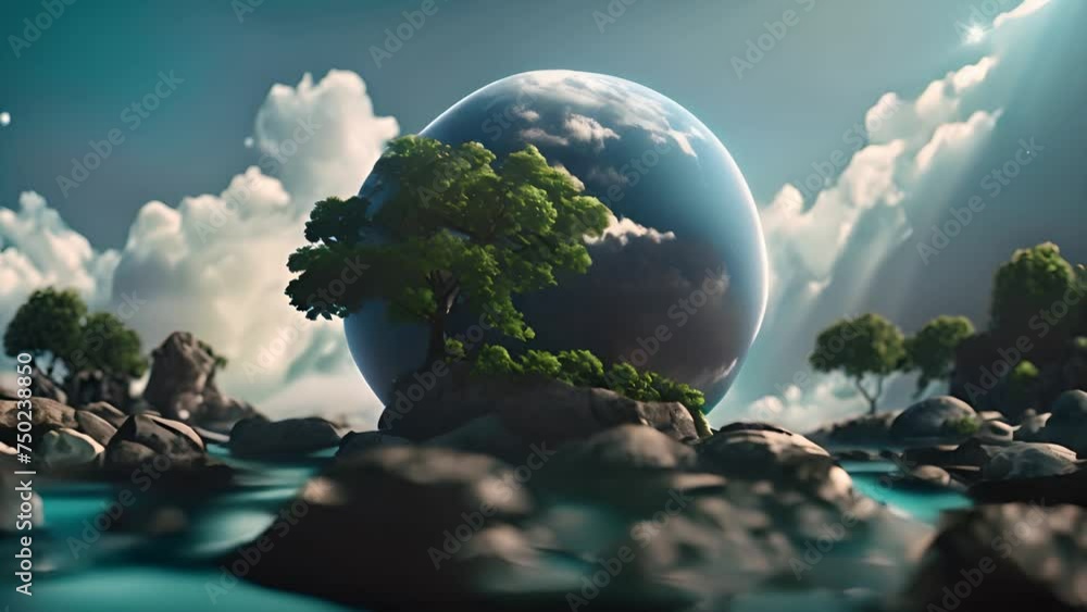Poster earth surrounded by rocks and trees generative ai