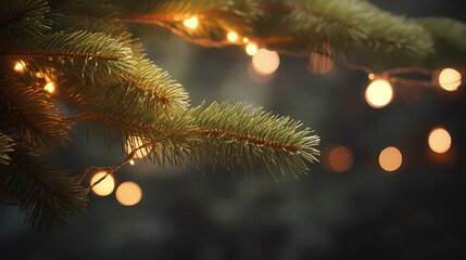 Christmas tree branches with bokeh lights and snowflakes on blurred background