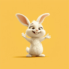 Obraz premium White bunny jumping and dancing on yellow background. Cute and funny cartoon character. Easter rabbit. Illustration for design greeting card, banner, sticker