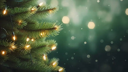 Christmas tree branches with bokeh lights and snowflakes on blurred background
