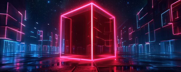 Futuristic neon cube structure on reflective wet surface with starry night sky.