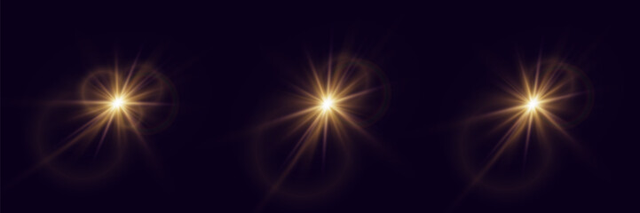 Golden glowing light explodes. Flash of glare and stars, special lens effect.