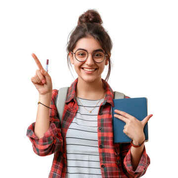 Smiling young female student holding a book and pointing at something, isolated on transparent background