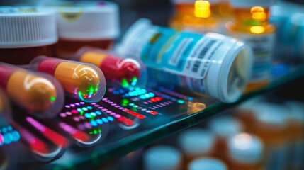 A macro shot of a medication label with a holographic barcode showing how blockchain can enhance the security and authenticity of drug packaging and labeling.