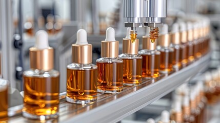 In a spotlessly clean and modern factory, an automated production line meticulously manufactures glossy luxury cosmetic packaging,  - obrazy, fototapety, plakaty