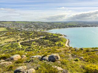 Looking over Encounter Bay from The Bluff or Rosetta Head in Victor Harbor on the Fleurieu Peninsula, South Australia - 750239633