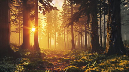 Sunrise morning inside fantasy forest . Generative Ai